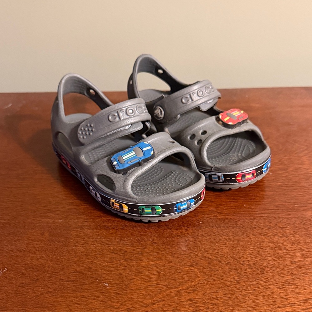 CROCS Kids Gray Sandals with Colorful Car Accents